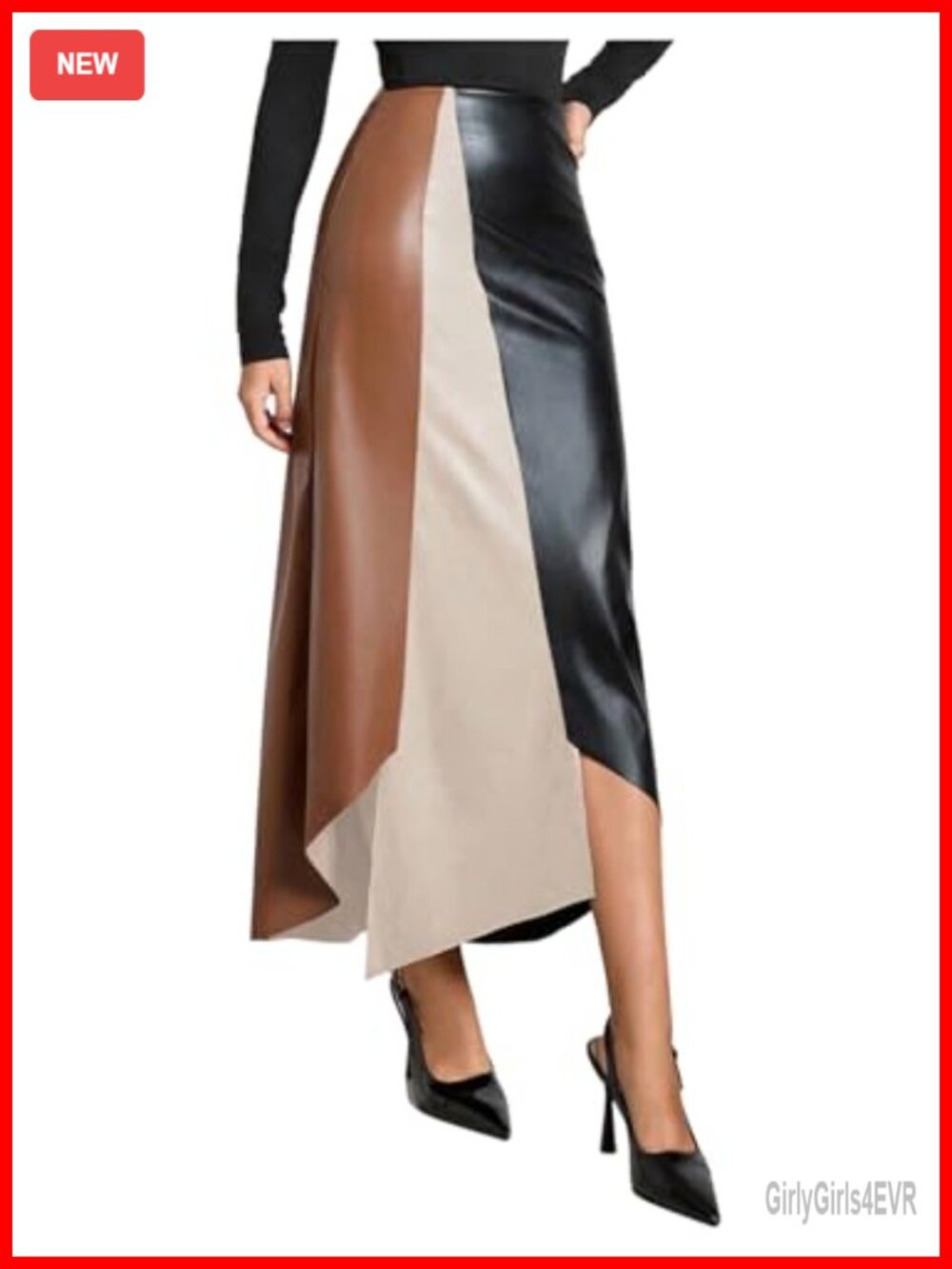 Faux Leather Asymmetrical High Waist Long Skirt Fit Flare